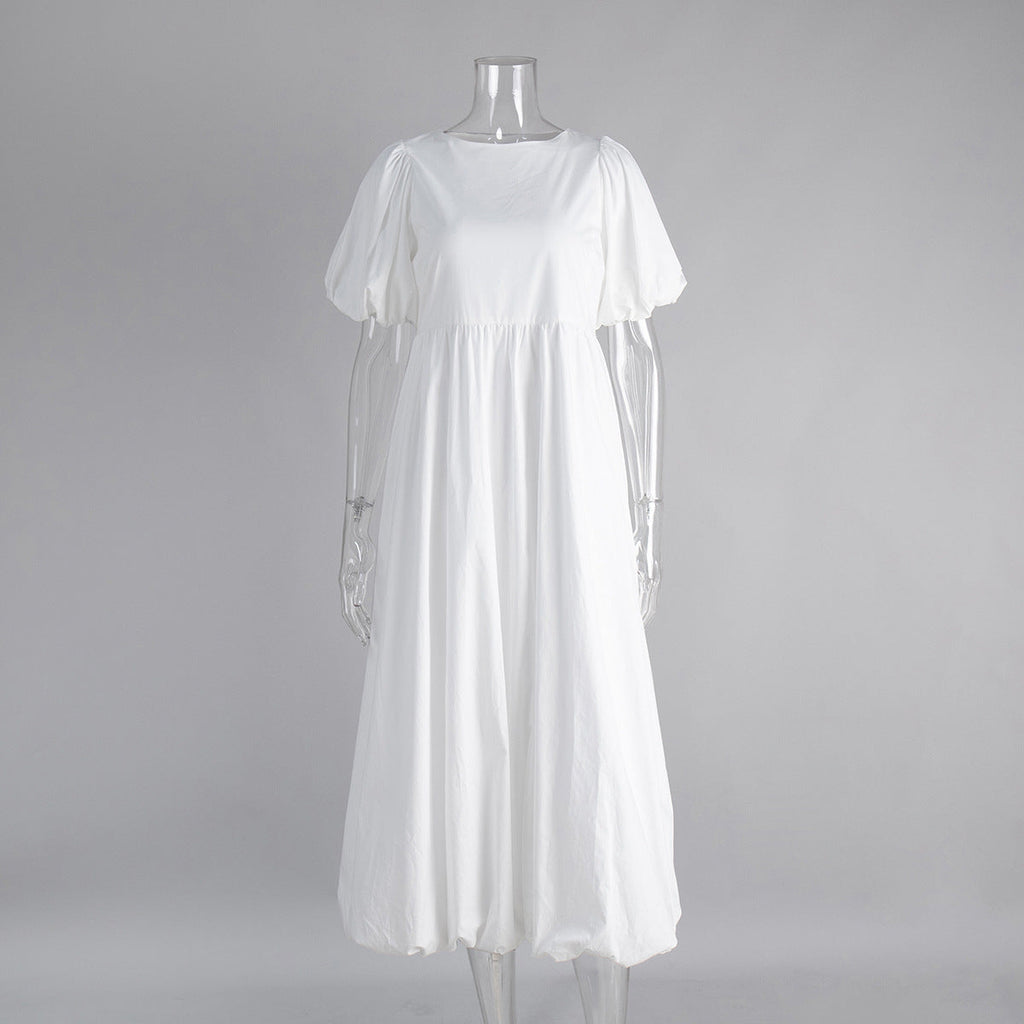 Cotton round Neck Puff Sleeve Dress Spring Summer Solid Color Loose Casual Dress for Women