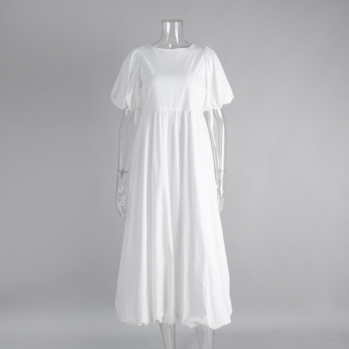 Cotton round Neck Puff Sleeve Dress Spring Summer Solid Color Loose Casual Dress for Women