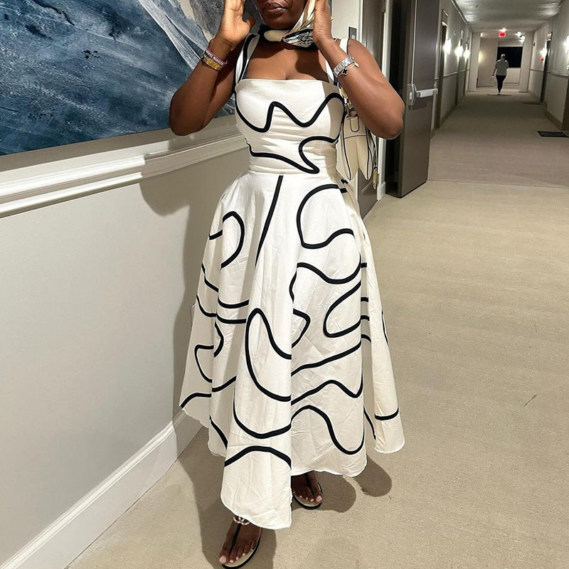 Women Clothing Summer Square Collar Printed Waist Controlled Slimming Mid Length Sling Dress