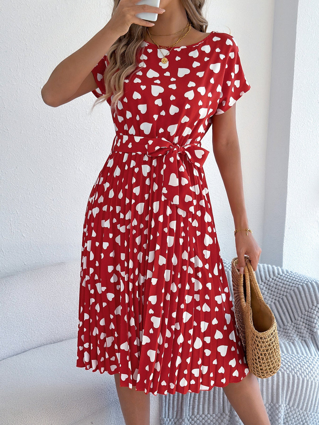 Valentine Day Gift Spring Summer Casual Contrast Color Love Heart Short Sleeve Waist Controlled Pleated Dress Women Clothing