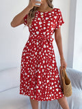 Valentine Day Gift Spring Summer Casual Contrast Color Love Heart Short Sleeve Waist Controlled Pleated Dress Women Clothing
