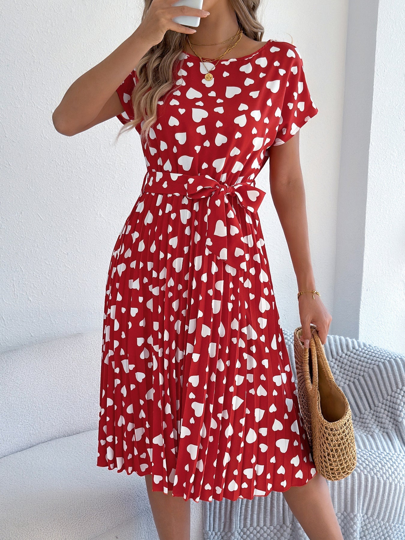 Valentine Day Gift Spring Summer Casual Contrast Color Love Heart Short Sleeve Waist Controlled Pleated Dress Women Clothing
