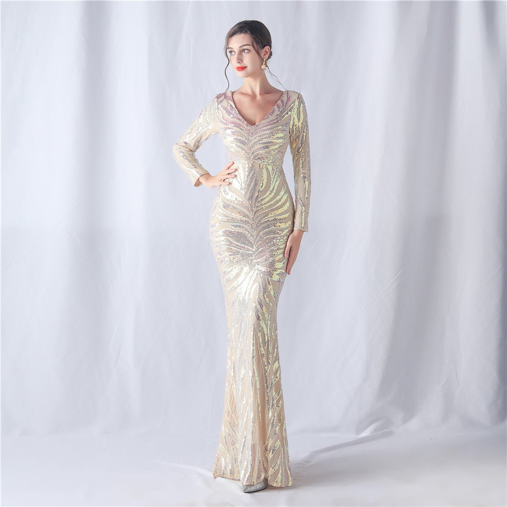 Positioning Floral Cutting Craft Magic Color Sequin Annual Meeting Wedding Long Sleeve Evening Dress