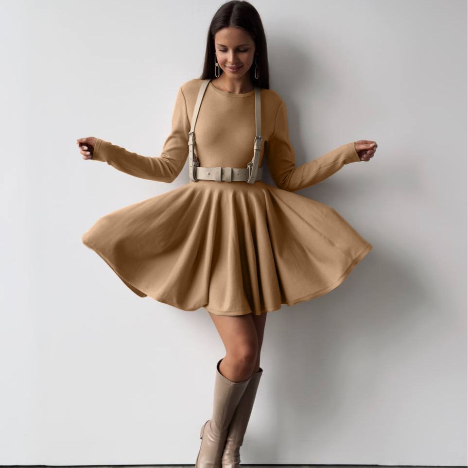 Round Neck Waist Trimming Knitted Dress Women All Match Advanced Pleated Woolen
