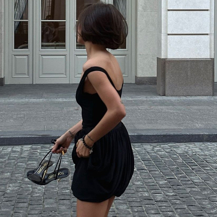 Women Clothing Patchwork Design Pleated Sleeveless Suspender High Waist Irregular Asymmetric Hem Dress