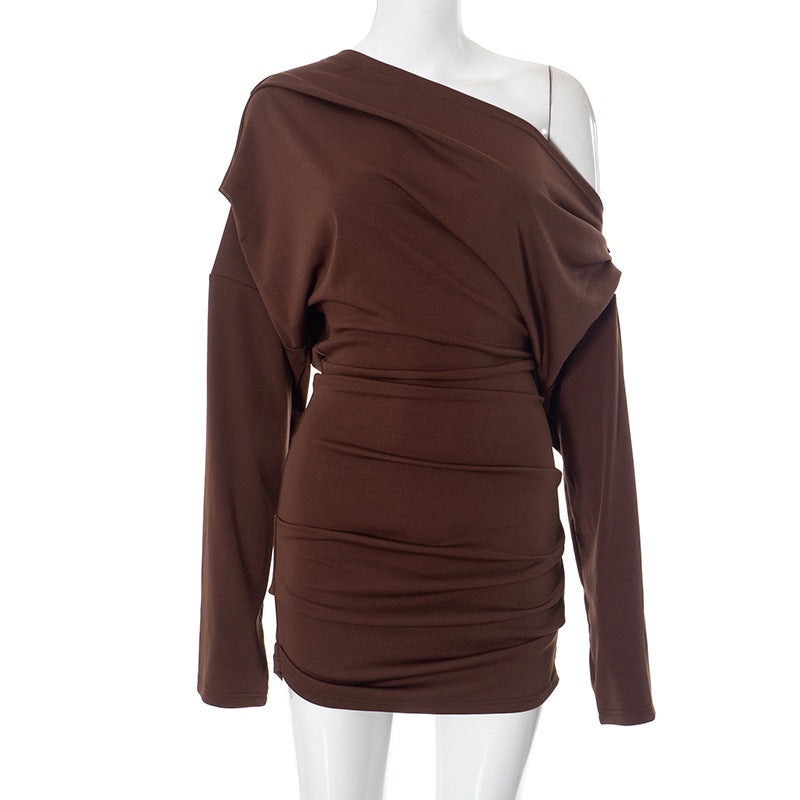 Women Sexy Mature Solid Color Long Sleeve off the Shoulder Upper Body Loose Short Dress