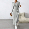 Autumn Winter Women Clothes Knitted Gray Dress Irregular Asymmetric Maxi Dress