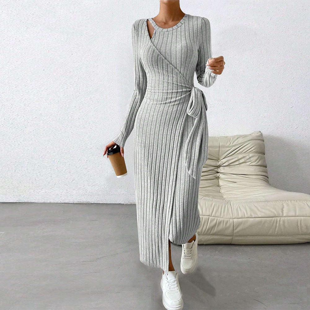 Autumn Winter Women Clothes Knitted Gray Dress Irregular Asymmetric Maxi Dress