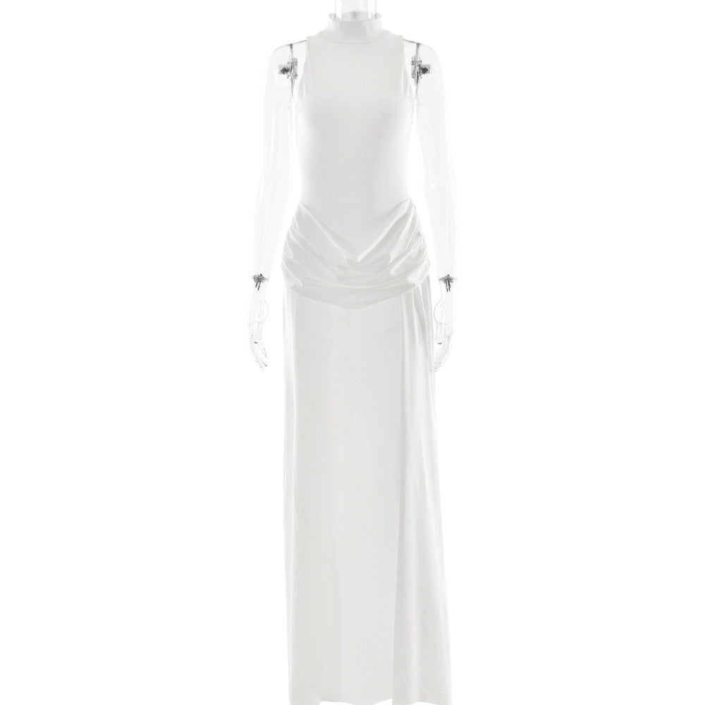 Summer Sexy High Split Tight Waist Women Dress Elegance Sleeveless Pleated Dress