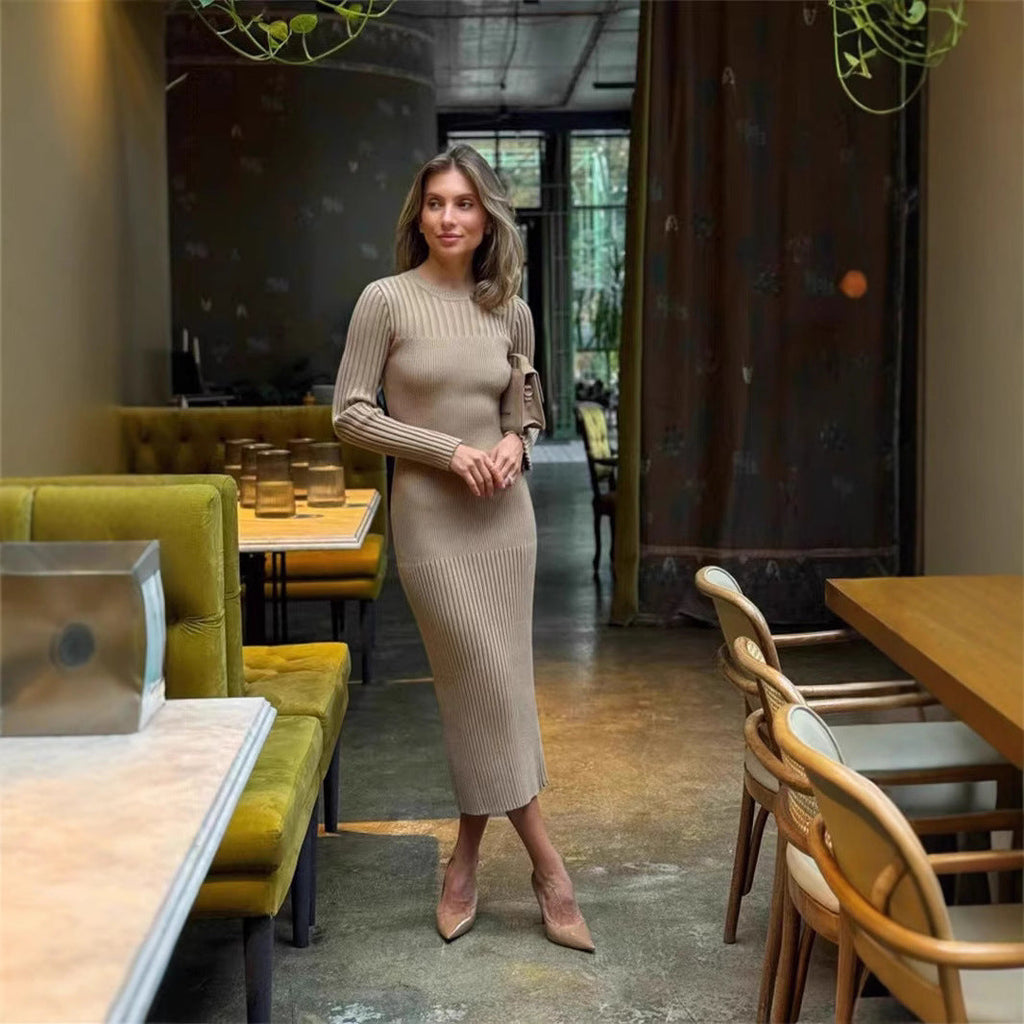Long Sleeve Fall Winter Sweater Dress Women Knitted round Neck Sunken Stripe Solid Color Tight Dress Women