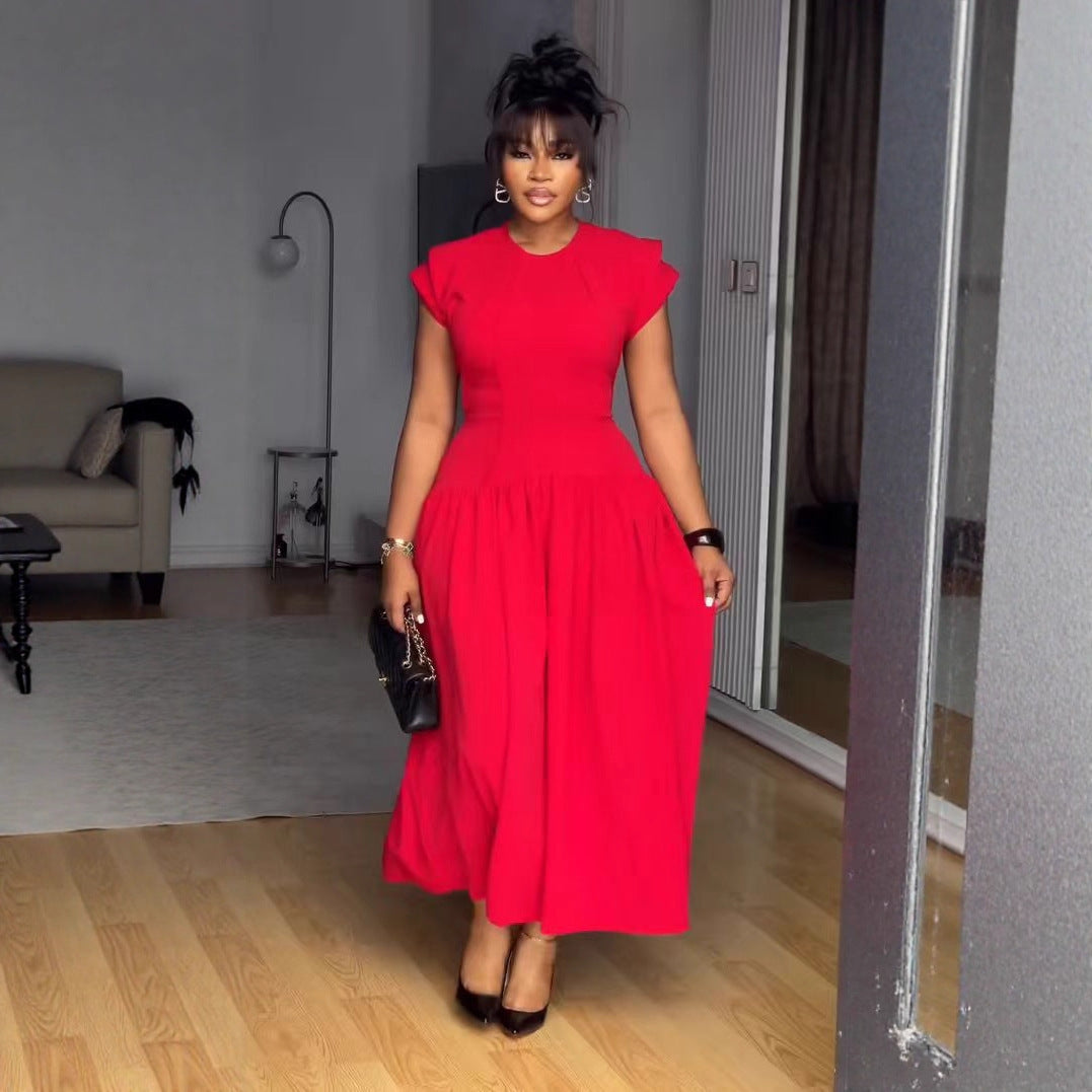 Elegant Elastic Waist Tightening Pleated Flounced Sleeve Lace Dress