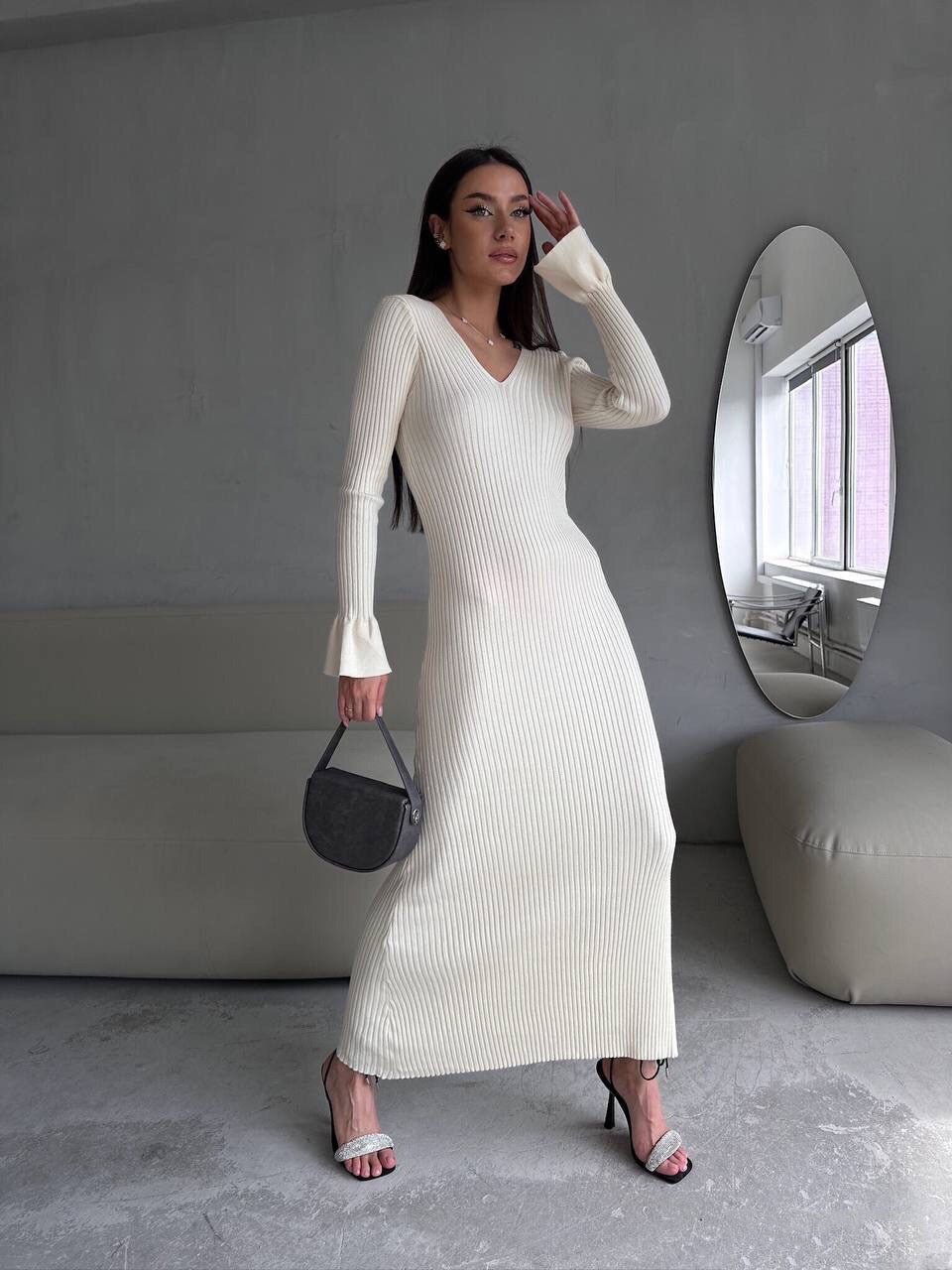 Long Sleeve V neck Tight Knitted Dress Solid Color Rib Fabric Wool Long Autumn Winter Dress