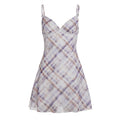 Plaid Lace Bow V neck Adjustable Strap Dress High Waist A line Summer