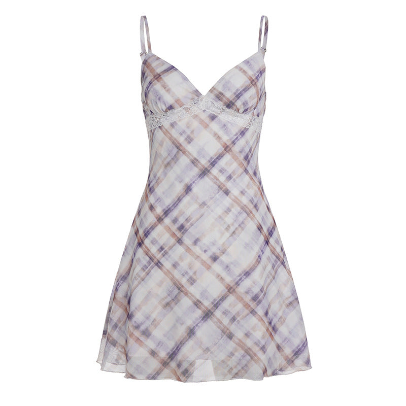 Plaid Lace Bow V neck Adjustable Strap Dress High Waist A line Summer