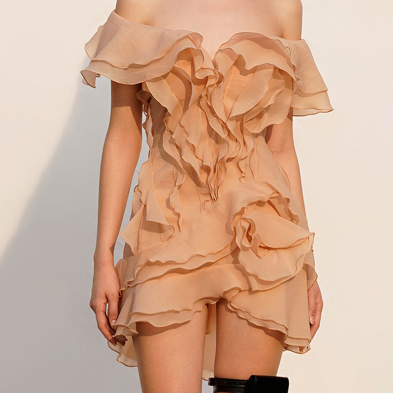 Ruffled off the Shoulder Short Sleeve Dress Women Summer Sweet Slim Fit Flying Sleeves Short Dress
