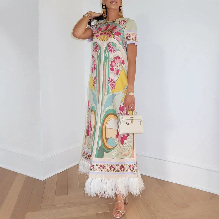 Spring Summer Satin Positioning Printed Feather Dress Short Sleeve Loose Dress for Women