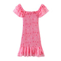 French Elastic Wrapped Chest Flying Sleeves Printed Dress Women Elastic Slimming Square-Cut Collar Hip