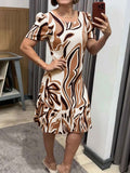Women Casual Elegant round Neck Short Sleeve A line Pleated Dress