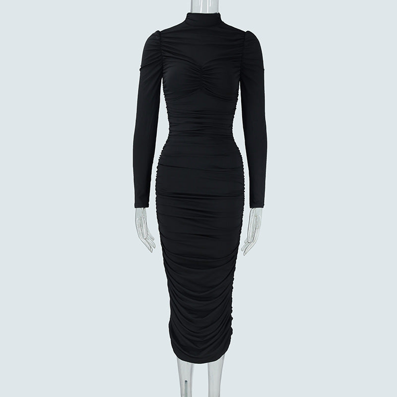 Autumn Elegant Socialite Private Clothing Stand Collar Long Sleeve Waisted Slim Fit Package Hip Pleated Niche Dress