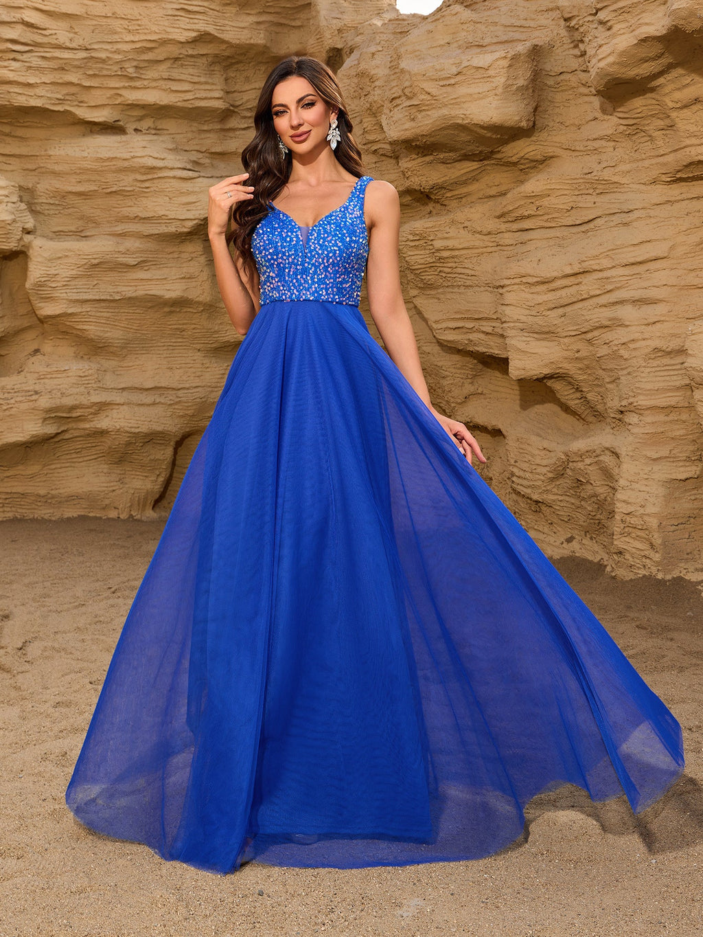 Elegant Sequin Stitching Mesh Double Collar Party Dress Sleeveless Large a Hem Full Lining Maxi Dress Prom
