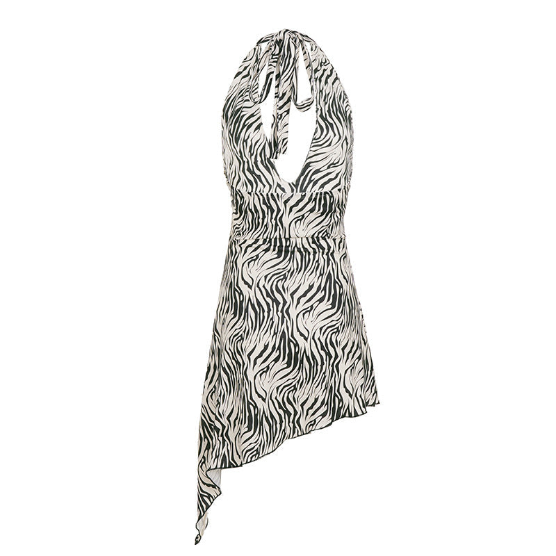 Animal Print Irregular Asymmetric Backless Deep V Plunge Halter Dress Street Sexy