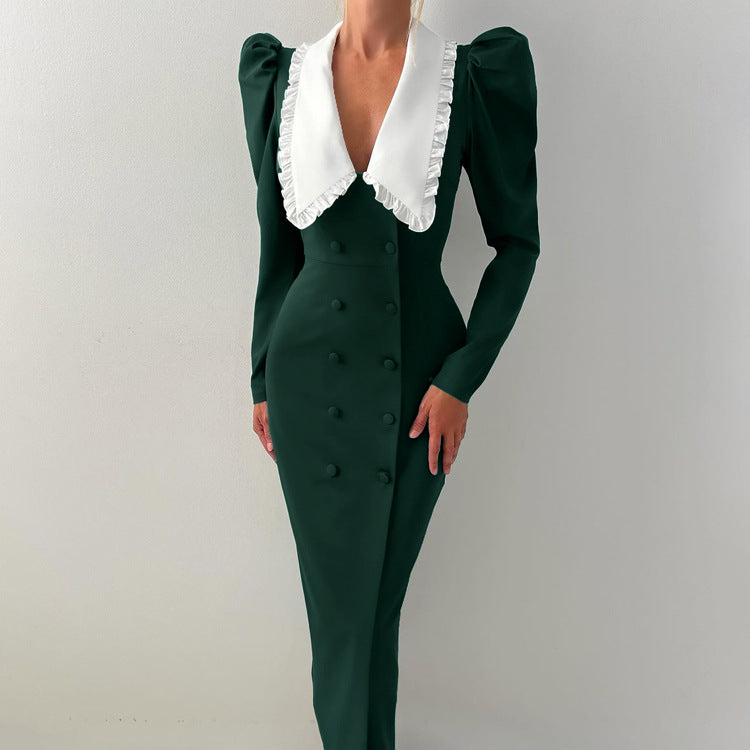 Spring Color Contrast Cardigan Sheath Dress Women Doll Collar Long Sleeve High Waist French Dress