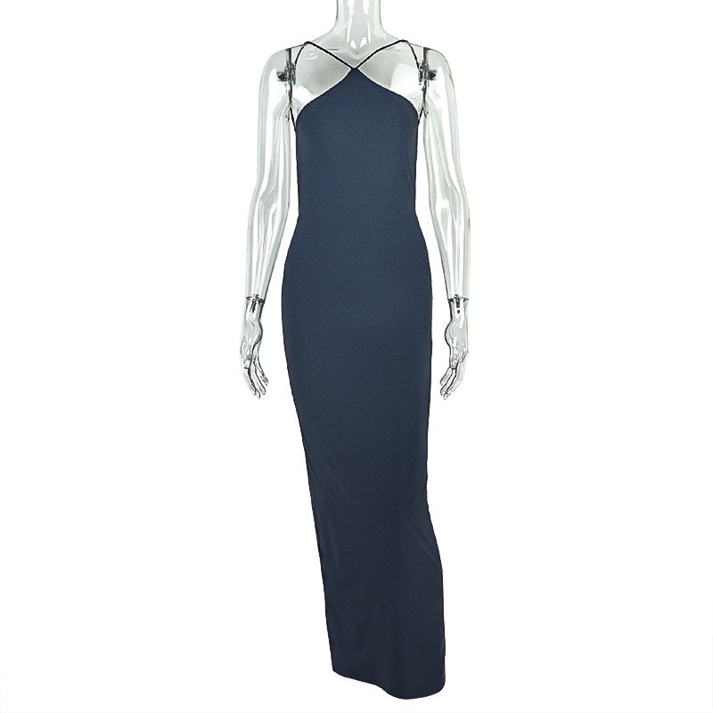 Solid Color Elegant Women Dress Elegant One Step Low Waist Hip Dress Halter Sleeveless Backless Maxi Dress