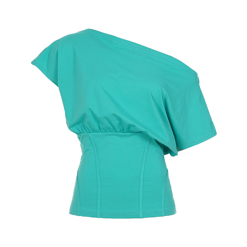 Sexy Waist Split Solid Color Short Sleeve Shoulder T shirt Sexy Street Casual Top