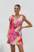 Summer Dress Printed V neck Lace up Mini Sling Dress