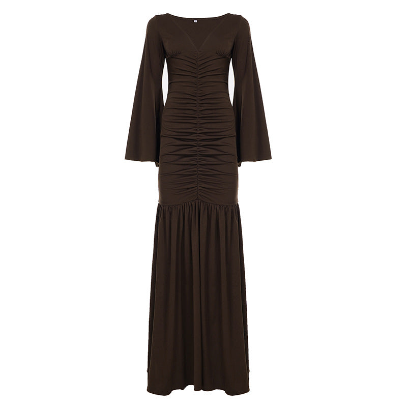 Elegant Deep V Plunge neck Pleated Mesh Patchwork Flared Sleeves Cocktail Dress Mop Formal Dress