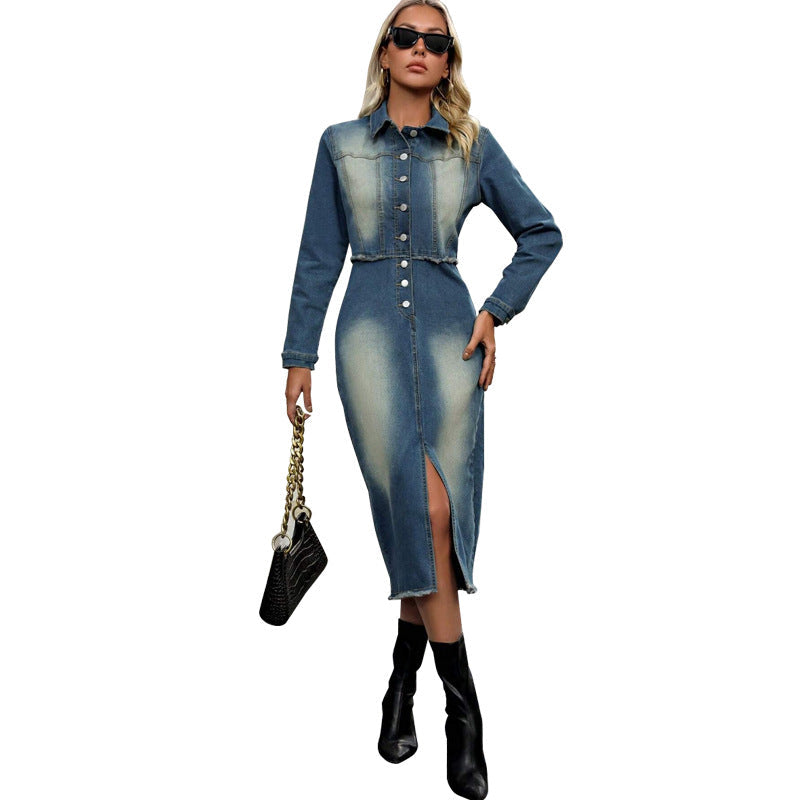 Women Clothing Sexy Long Sleeve Collared Split Tassel Midi Dress