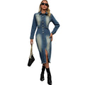 Women Clothing Sexy Long Sleeve Collared Split Tassel Midi Dress