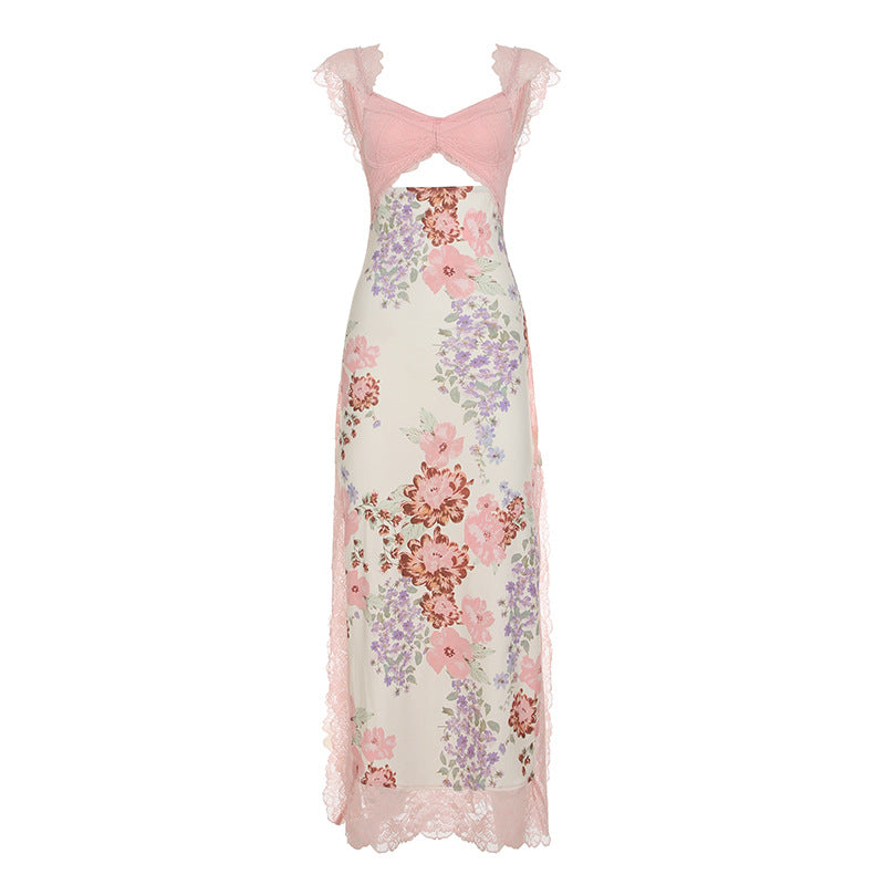 Vacation Sexy Lace Stitching Printed Irregular Asymmetric Slit Cutout Sling Dress Beach Dress