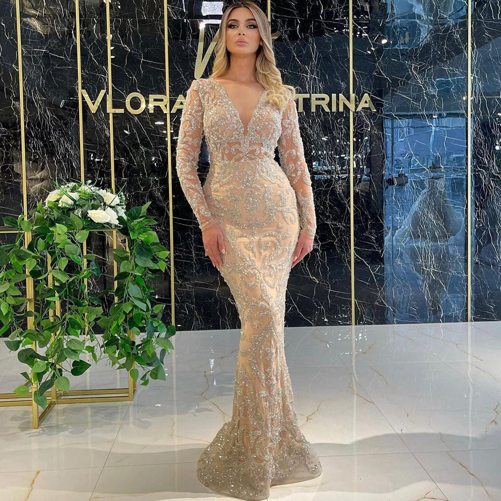 Women Clothing Bronzing Long Sleeve Slim Sexy Dress Evening Dress