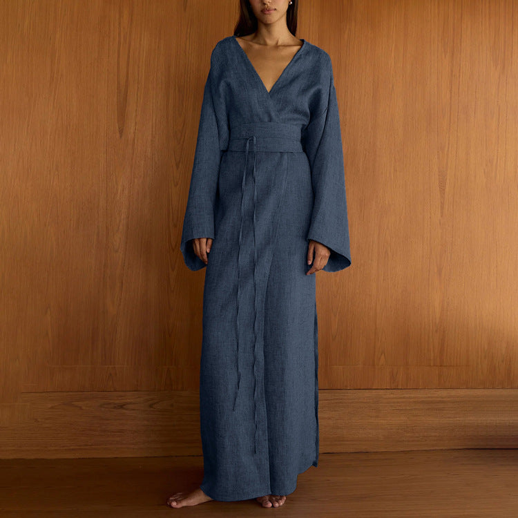 Casual Cross Design Lace up Dress Women V neck Long Sleeve Split High Waist Maxi Dress
