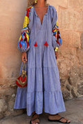 Autumn Long Sleeve Arrival V neck Lantern Sleeve Striped Printed Dress