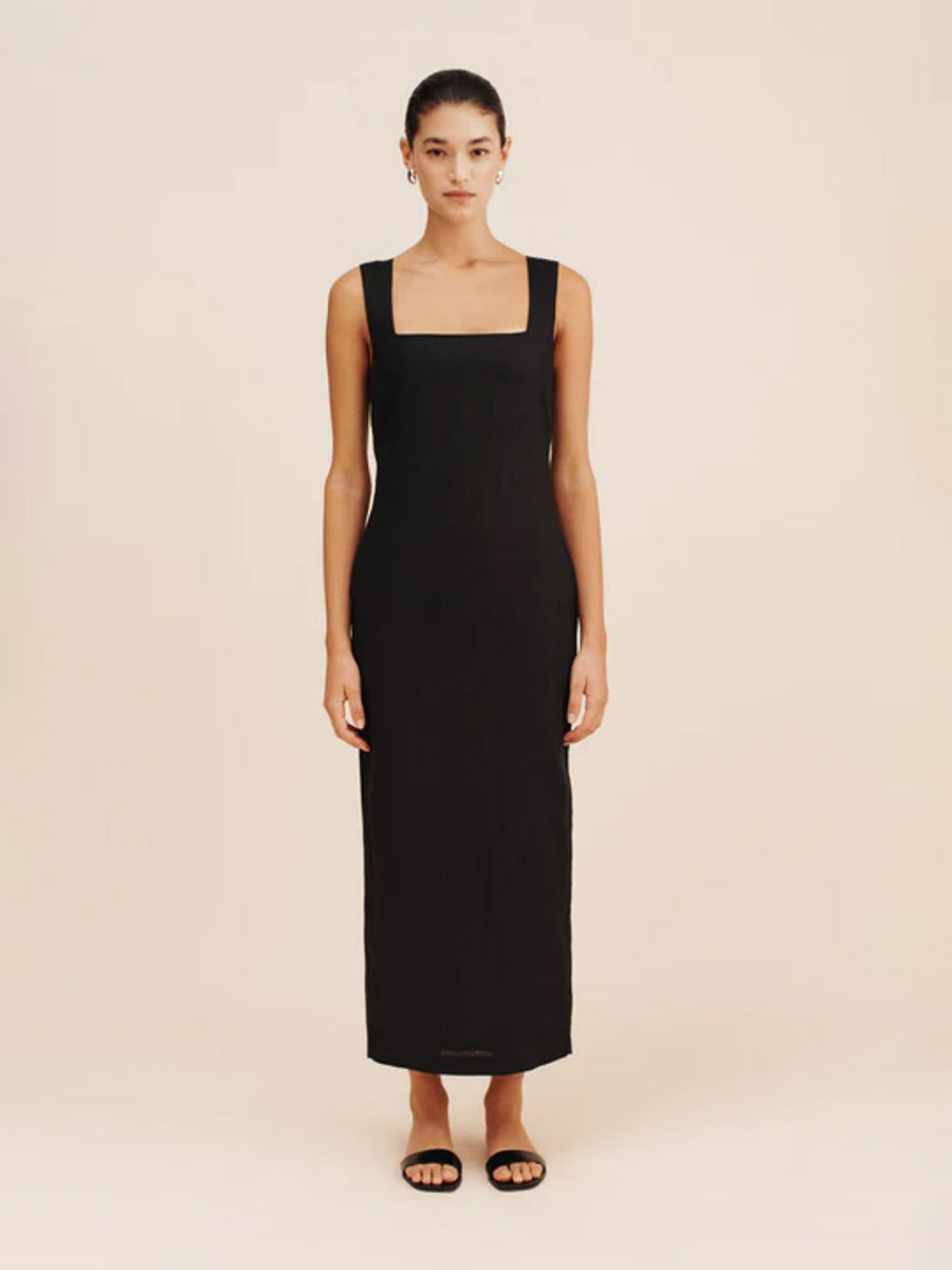 Simple Solid Color Square Collar Sling Dress Summer Slim Cotton Linen Maxi Dress