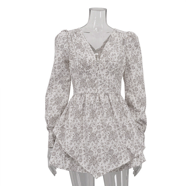 Retro Elegant Elegant Printed V neck Long Sleeve Dress Women Design Irregular Asymmetric Hem High Waist A line Dress