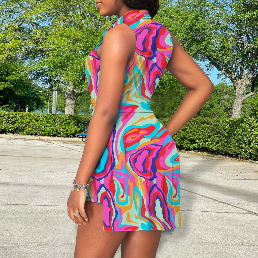 Women Sleeveless Sexy Collared Button Printed Dress