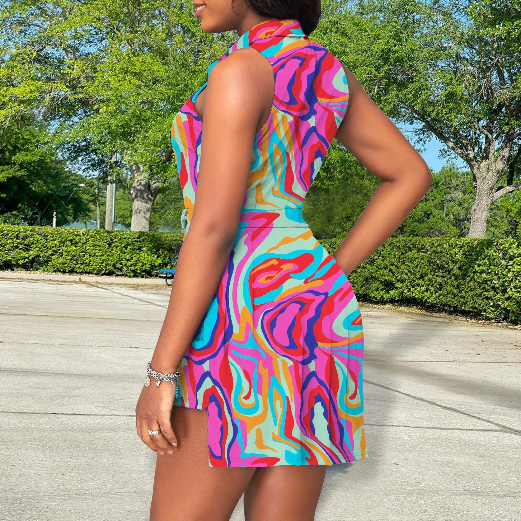 Women Sleeveless Sexy Collared Button Printed Dress