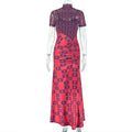 Slim Waist Women Clothing See through Stitching Hip Dress Pleated Print Turtleneck Length Dress