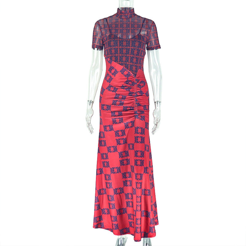 Slim Waist Women Clothing See through Stitching Hip Dress Pleated Print Turtleneck Length Dress