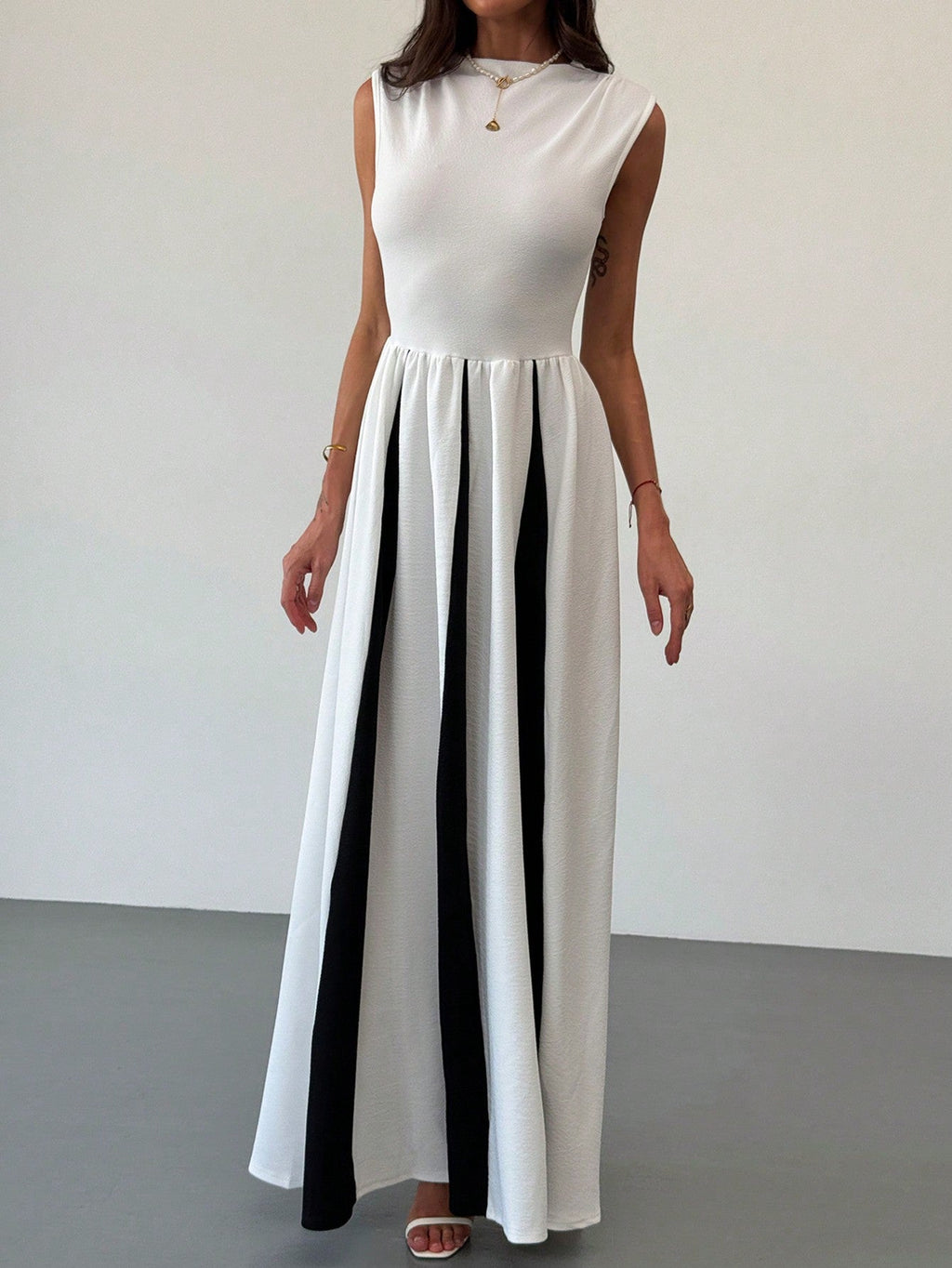 Elegant round Neck Sleeveless Waist Color Contrast Patchwork Dress Evening Dress Women Dress
