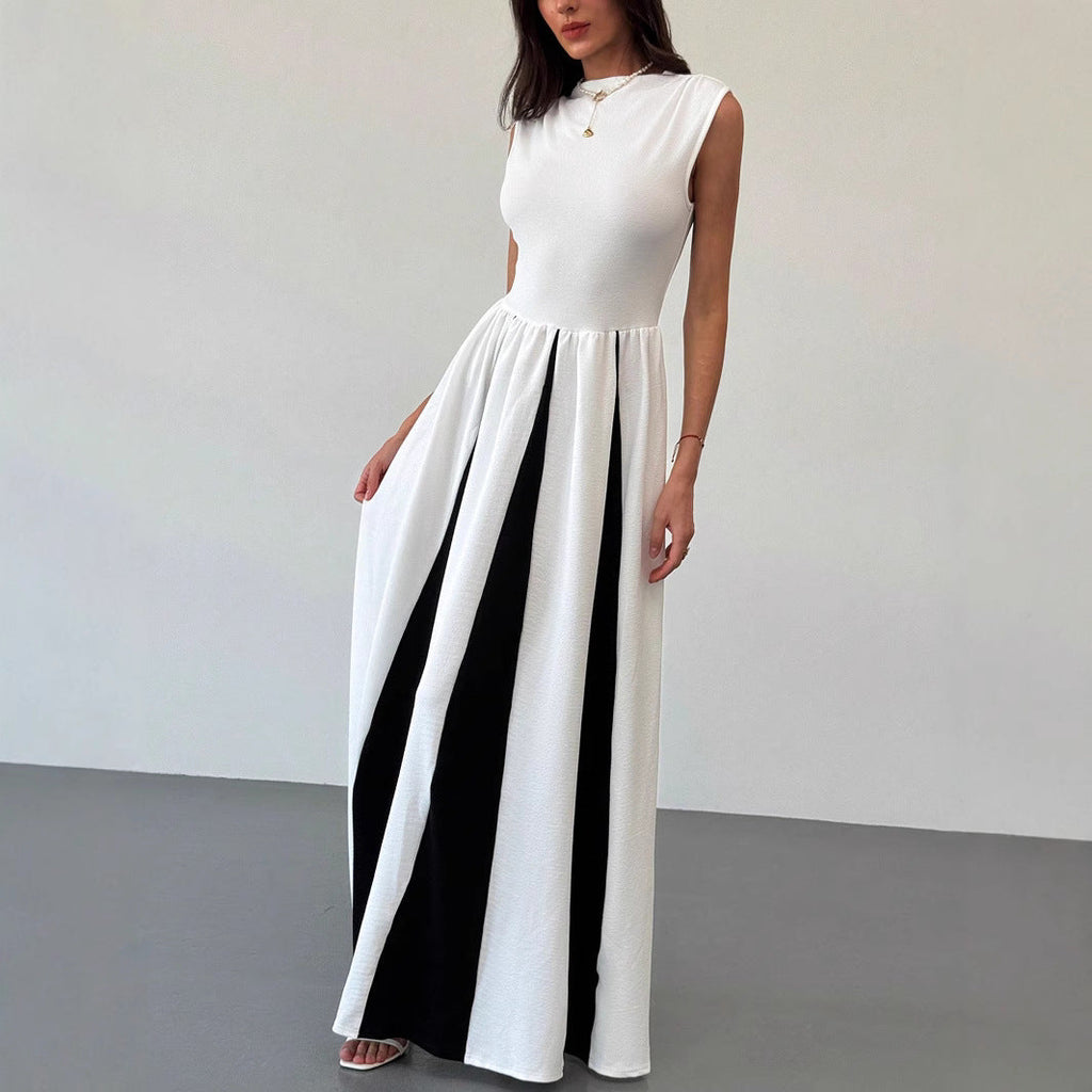 Elegant round Neck Sleeveless Waist Color Contrast Patchwork Dress Evening Dress Women Dress