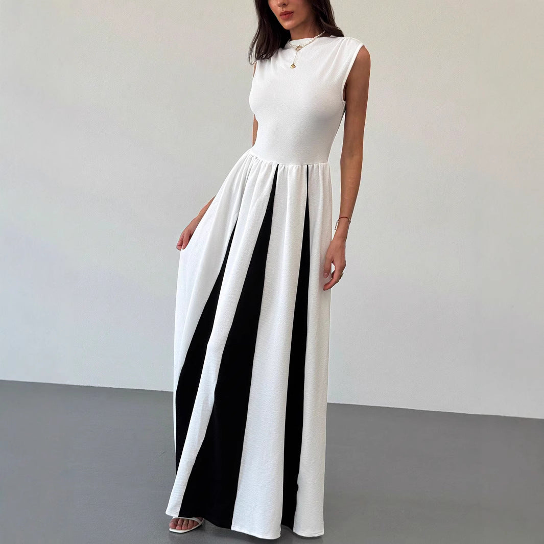 Elegant round Neck Sleeveless Waist Color Contrast Patchwork Dress Evening Dress Women Dress