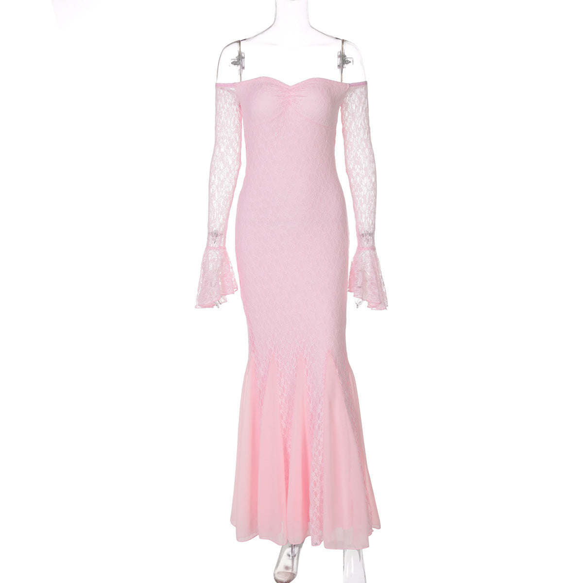 Dress Sexy Bandeau Stitching Lace Sleeve Slim Long Fishtail Evening Dress