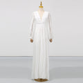 Spring Deep V Plunge neck Lantern Sleeve Maxi Dress Tight Waist Slimming Pleated Design Dress for Women