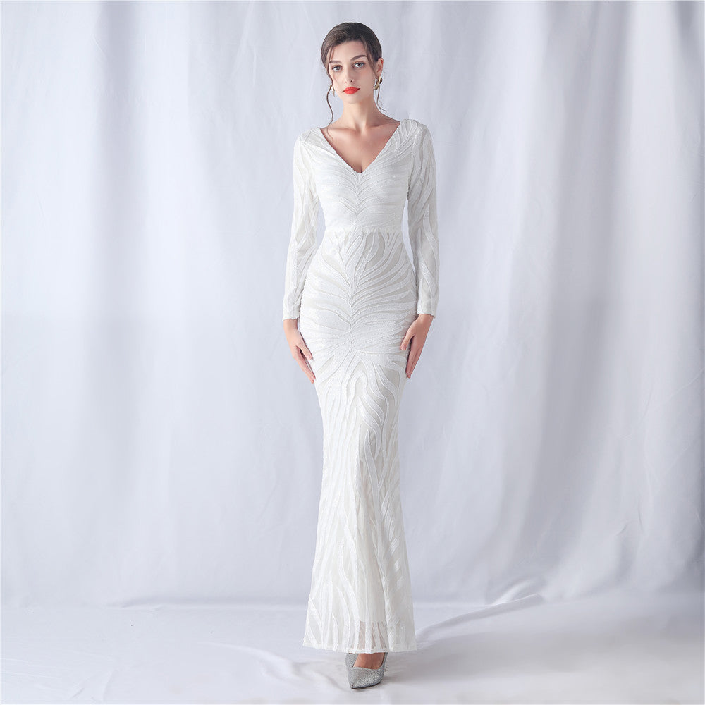 Positioning Floral Cutting Craft Magic Color Sequin Annual Meeting Wedding Long Sleeve Evening Dress