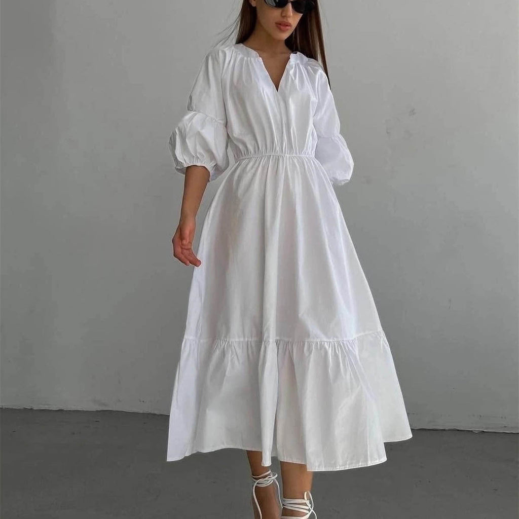 V neck Dress Office High Waist French Half Sleeve A line Dress Women Casual Dress Summer