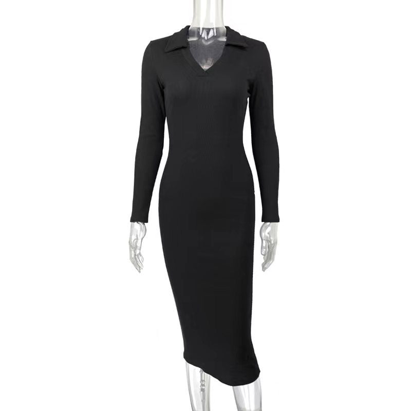 Autumn Winter Women Clothing Midi French Sexy Deep V Plunge Plunge Collared Slimming Dress